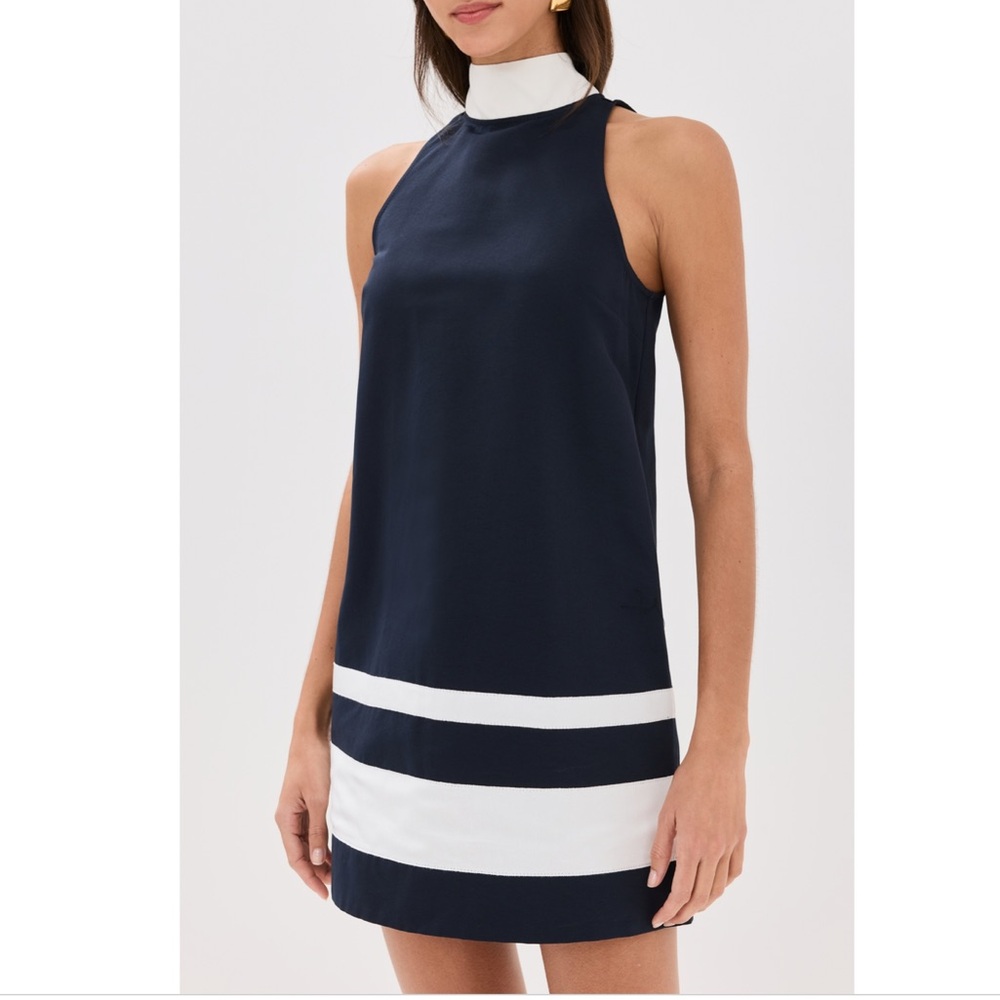 Staud Finn Mini Dress Size M Women Preppy Cotton Blend Neck Tie In Navy Ivory